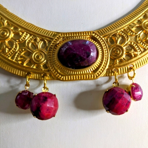 Red Reinassance Genuine Natural Rubies Collar Two Strand Necklace in Gold Plated - Picture 7 of 11